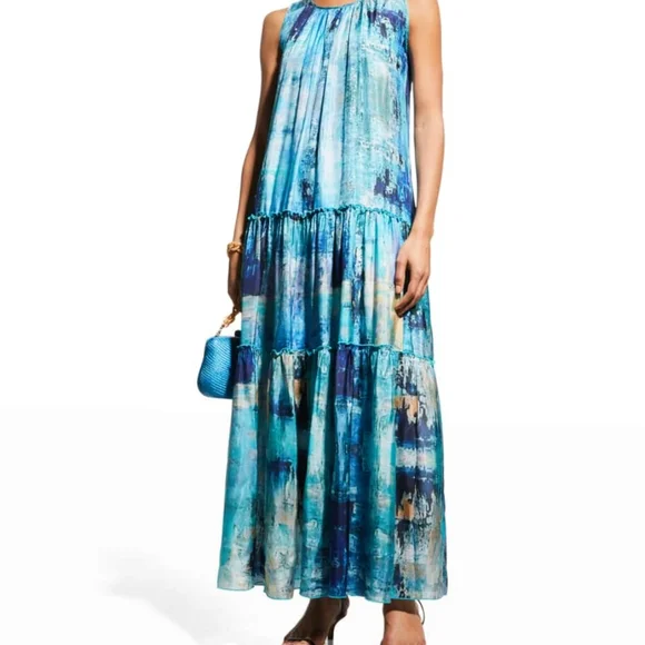 Johnny Was Mint Silk Tiered Maxi Dress sz sm - Picture 7 of 7